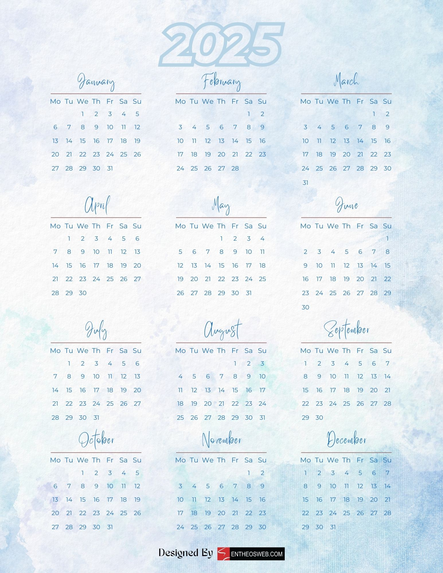 Free 2025 Calendars | Entheosweb intended for Printable Calendar 2025 Blue