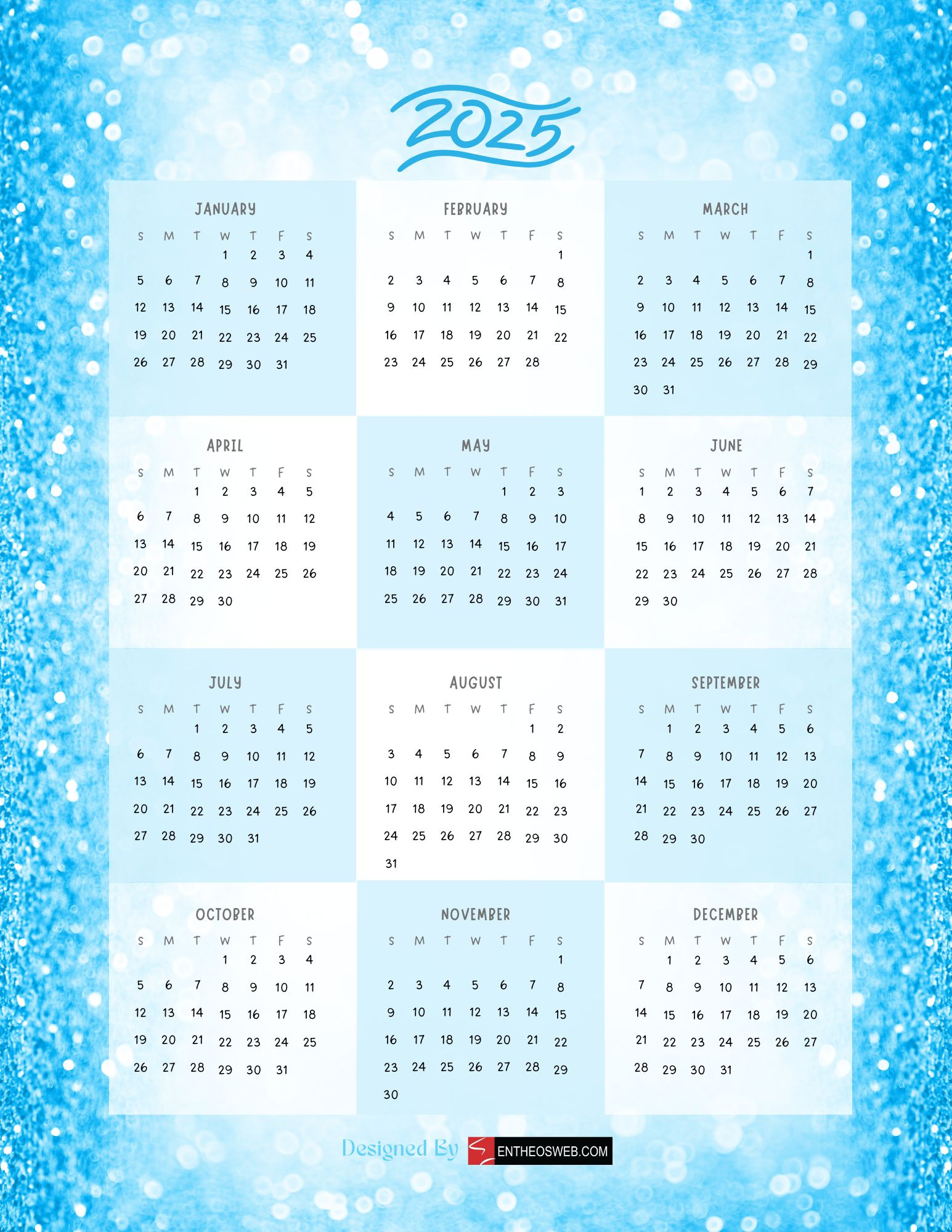 Free 2025 Calendars | Entheosweb throughout Printable Calendar 2025 Blue