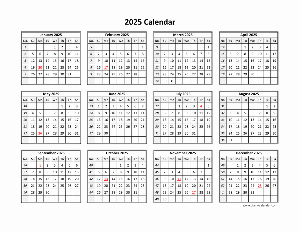 Free Download Printable Calendar 2025 In One Page, Clean Design. pertaining to Printable 2025 Calendar With Boxes