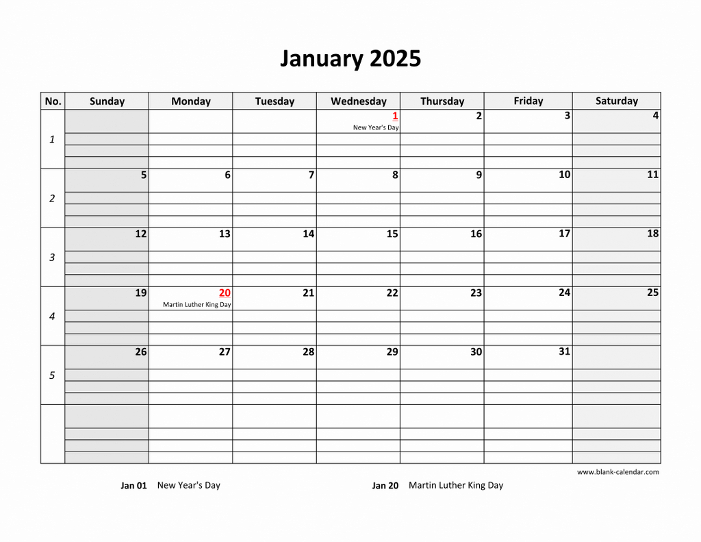 Free Download Printable Calendar 2025, Large Box Grid, Space For Notes with Printable Calendar 2025 With Lines