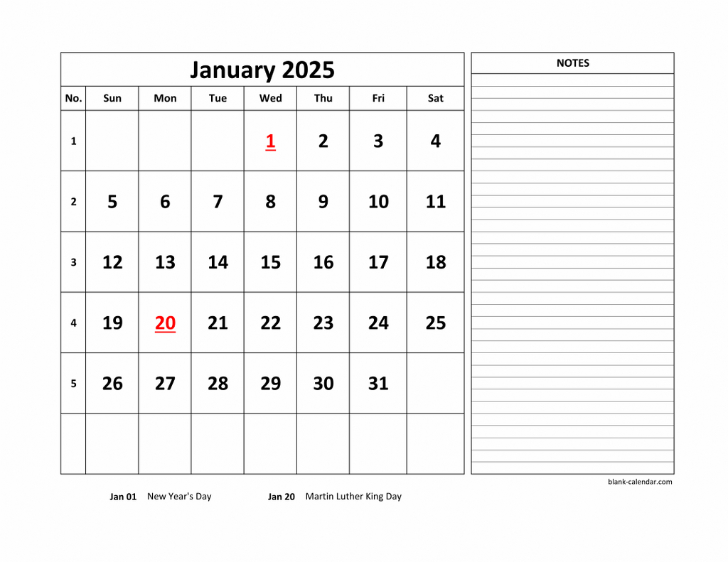 Free Download Printable Calendar 2025, Large Space For Appointment with 2025 Calendar With Notes Printable