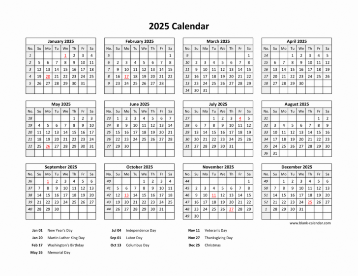 Printable Calendar 2025 with Holidays