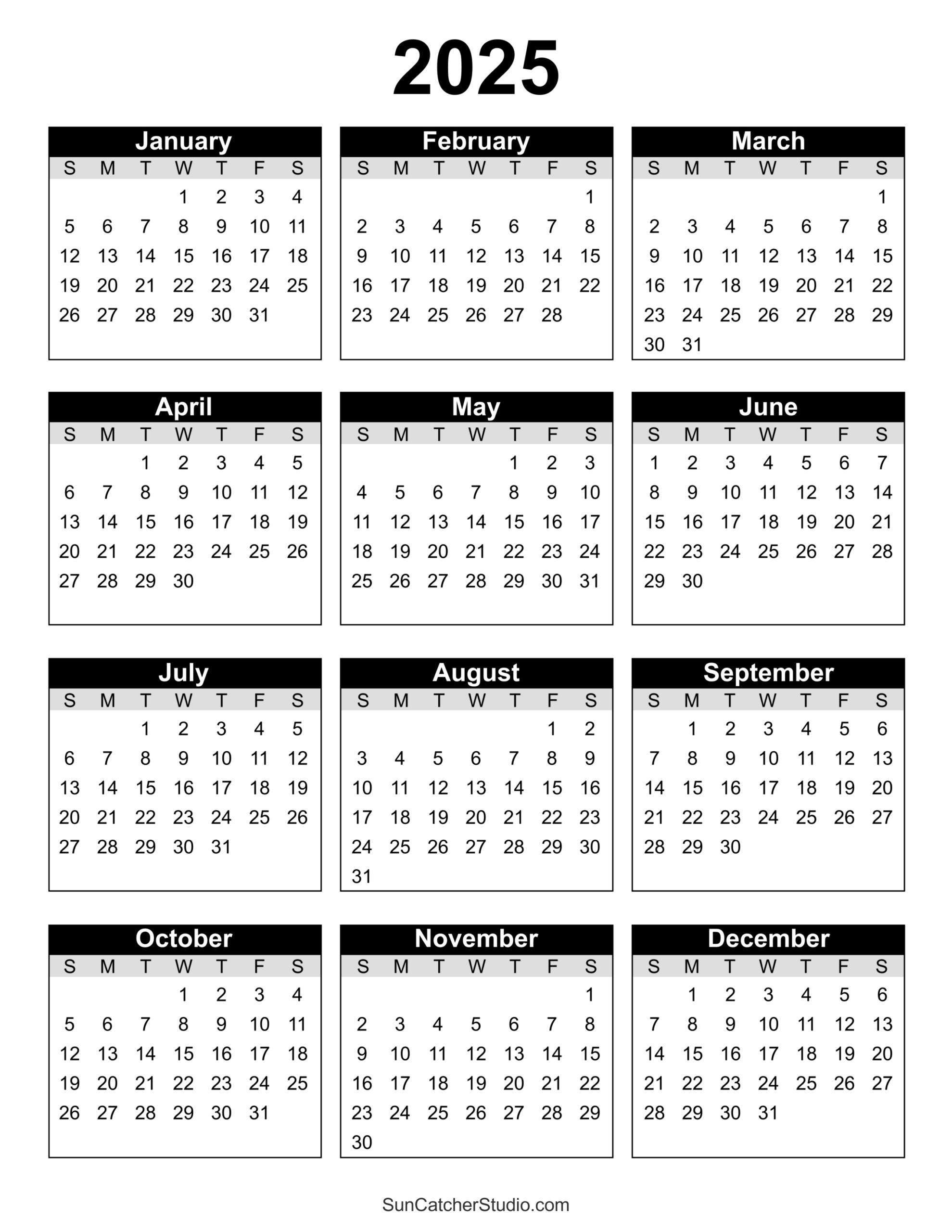 Free Printable 2025 Yearly Calendar – Free Printables, Monograms within Free Printable Year Calendar 2025