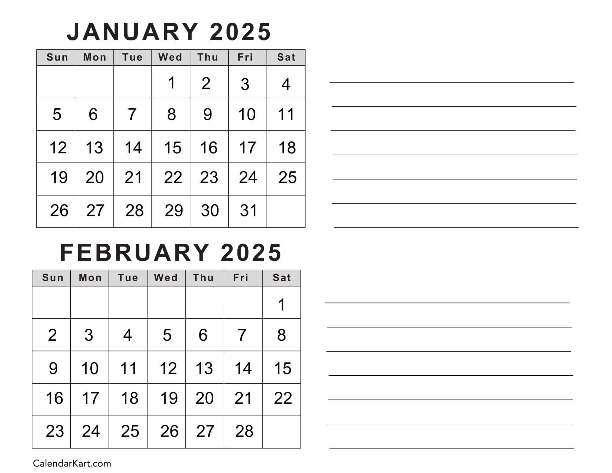 Free Printable January February Calendar 2025 - Calendarkart for Jan Feb 2025 Calendar Printable