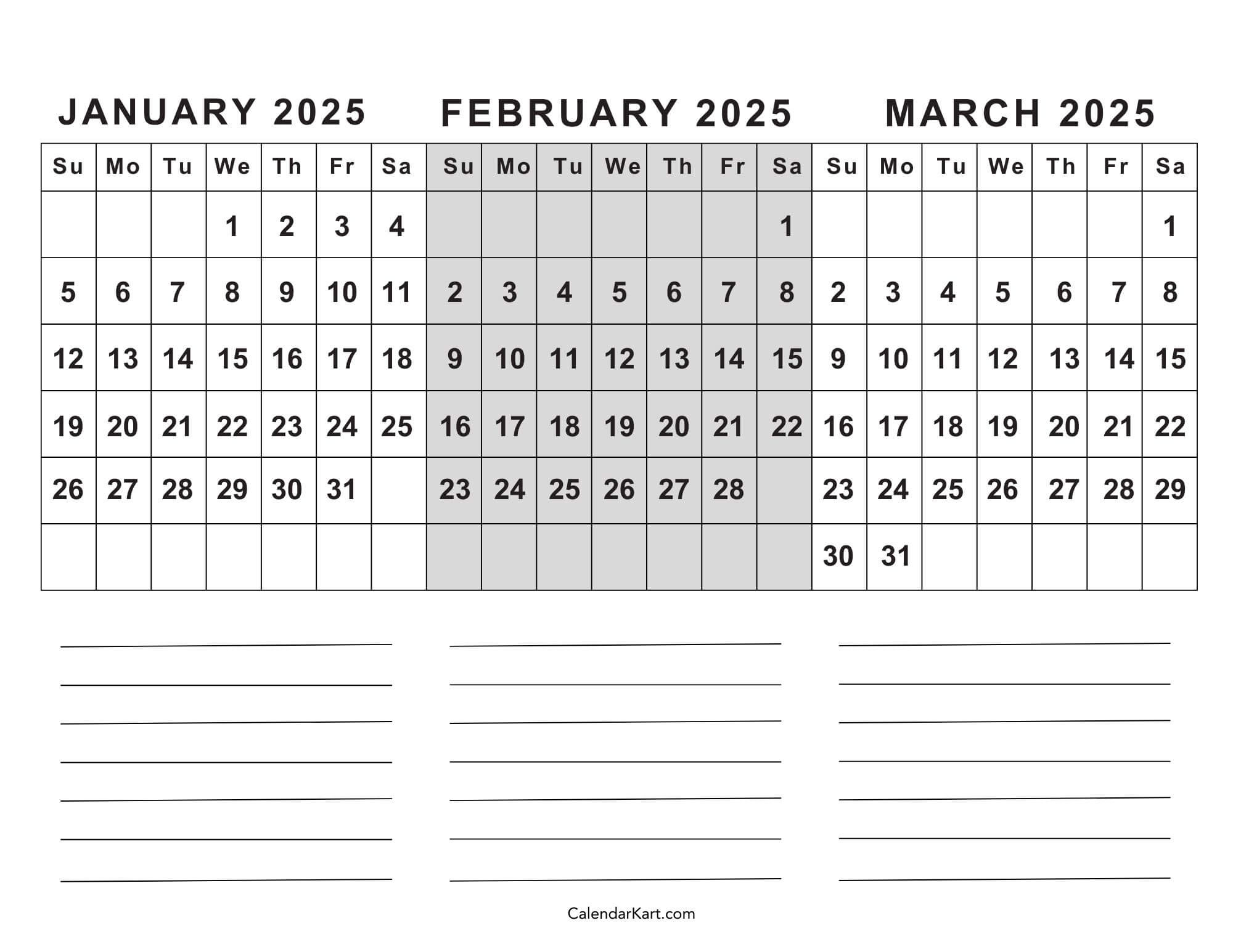 Free Printable January To March 2025 Calendar - Calendarkart inside Printable Calendar 2025 January February March
