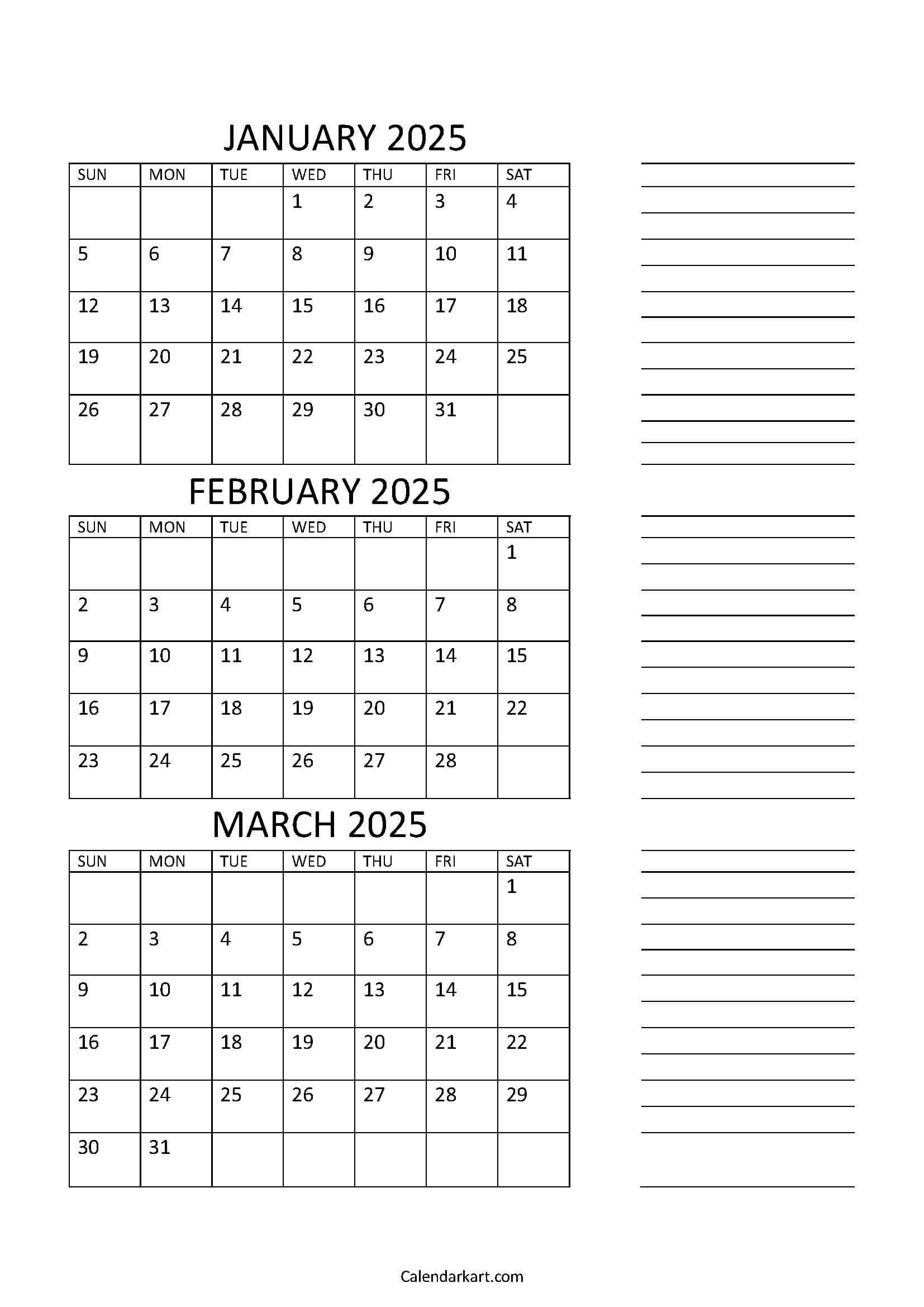 Free Printable January To March 2025 Calendar - Calendarkart throughout Printable Calendar 2025 January February March