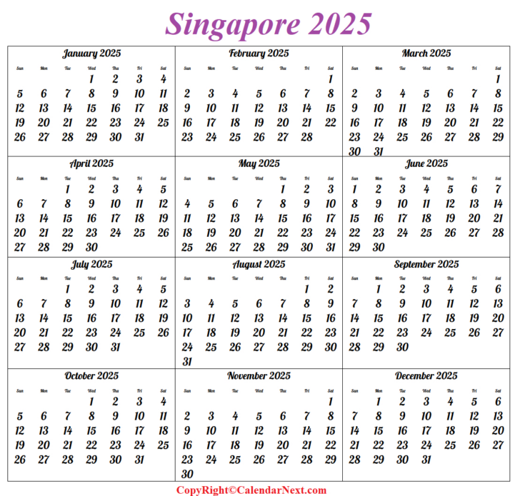 Printable Calendar 2025 Singapore with Holidays