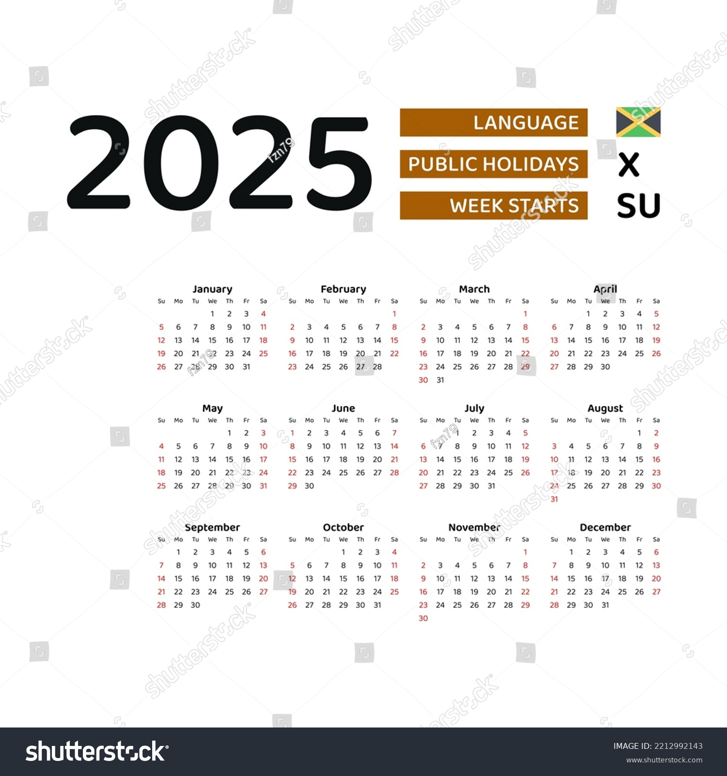 Jamaikanischer Kalender 2025. Die Woche Beginnt: Stock with regard to Printable Calendar 2025 Jamaica
