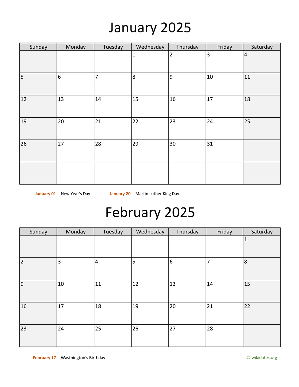 January And February 2025 Calendar | Wikidates regarding Jan Feb 2025 Calendar Printable