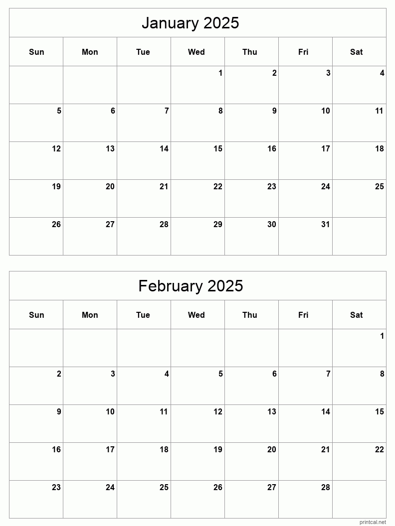 January To February 2025 Printable Calendar | Two Months Per Page with regard to Printable Calendar 2025 2 Months