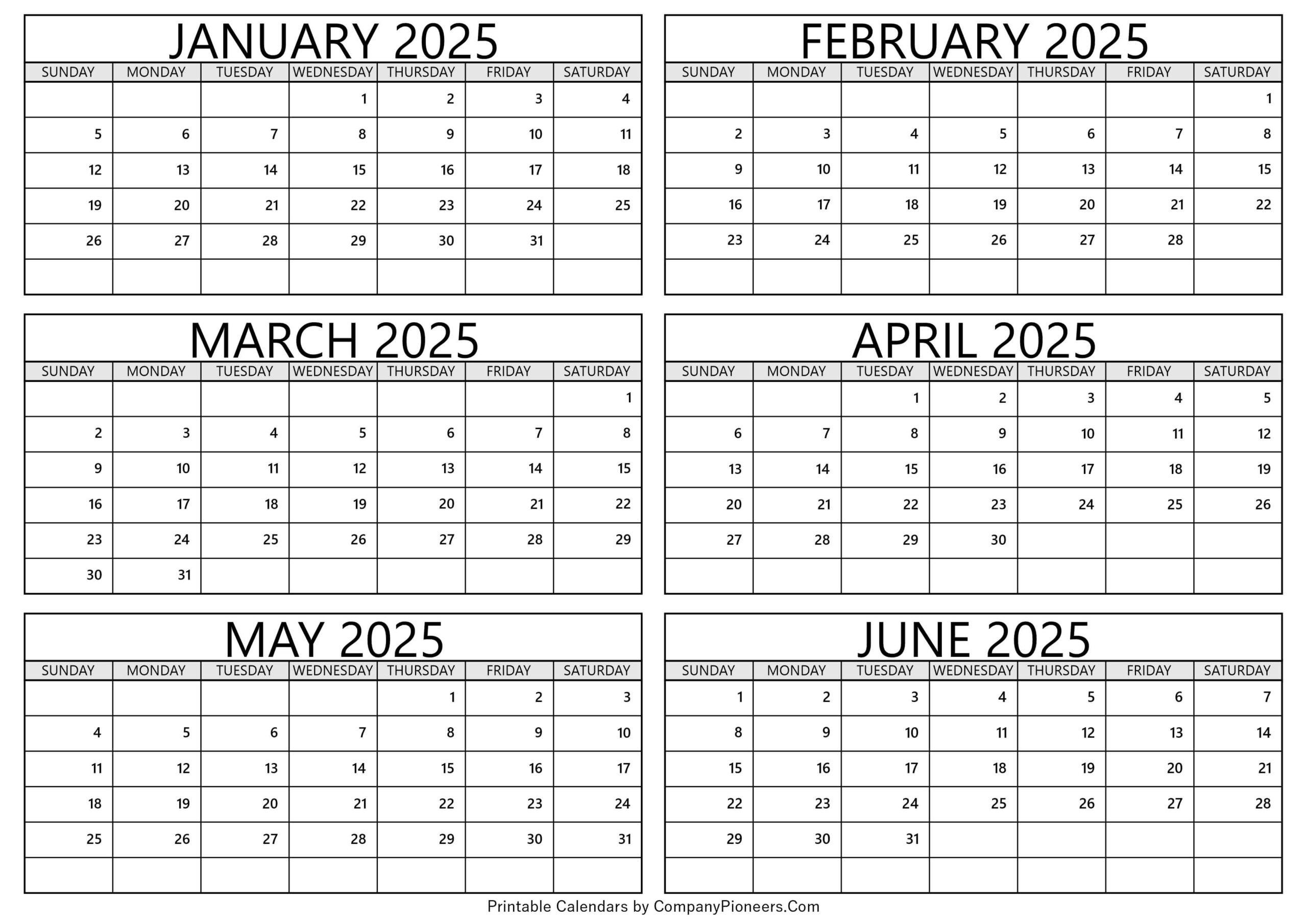 January To June 2025 Calendar Printable - Template within Printable Calendar 2025 January Through June