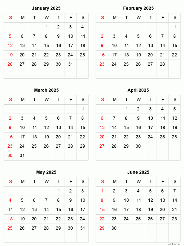 Printable Calendar 2025 January Through June