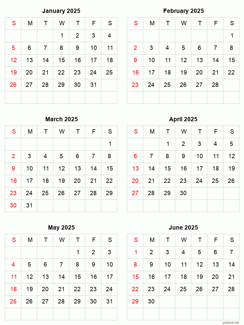 January To June 2025 Printable Calendar | Six Months Per Page inside Printable Calendar 2025 January Through June