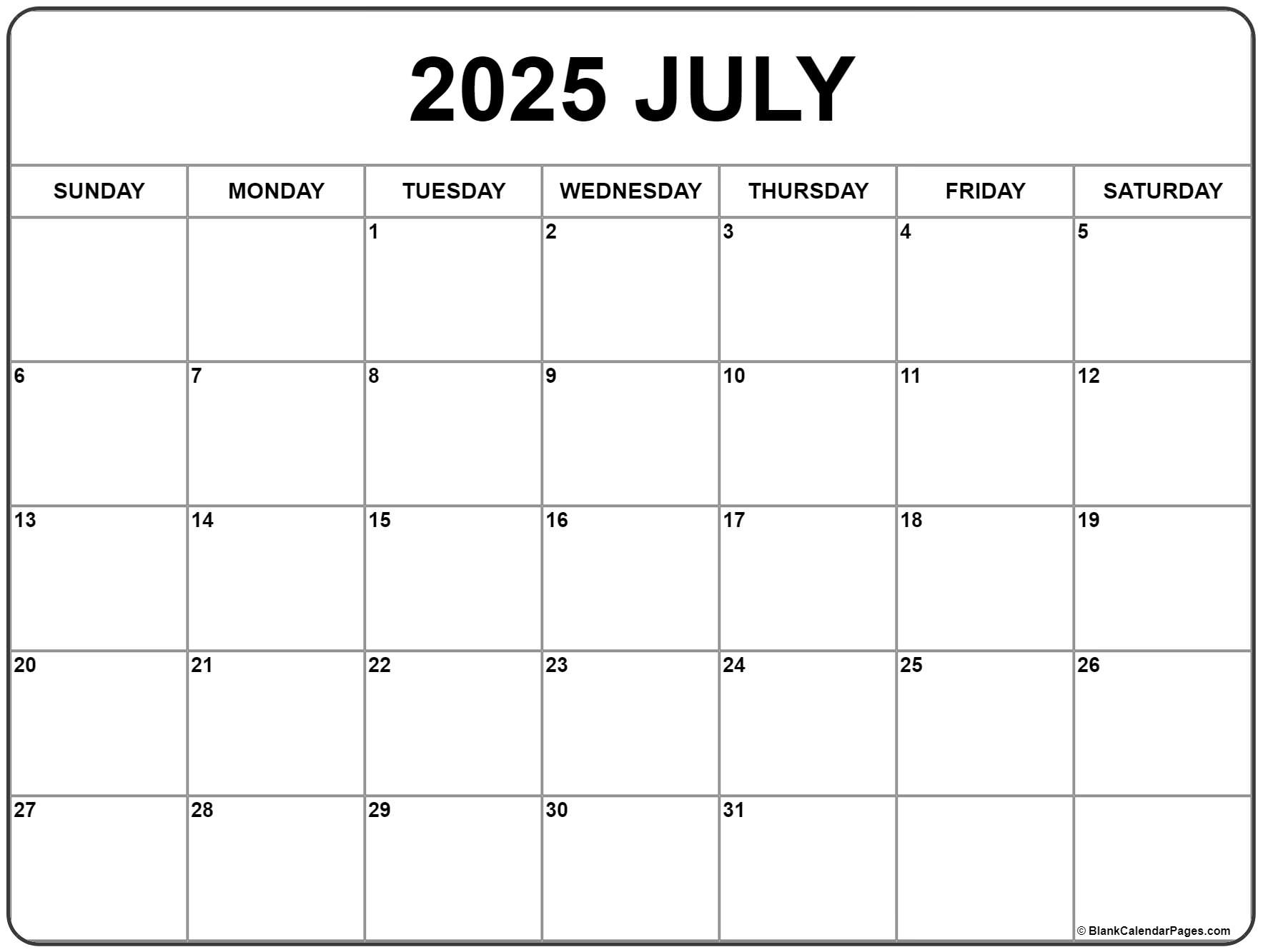 July 2025 Calendar | Free Printable Calendars with regard to Blank July 2025 Calendar Printable