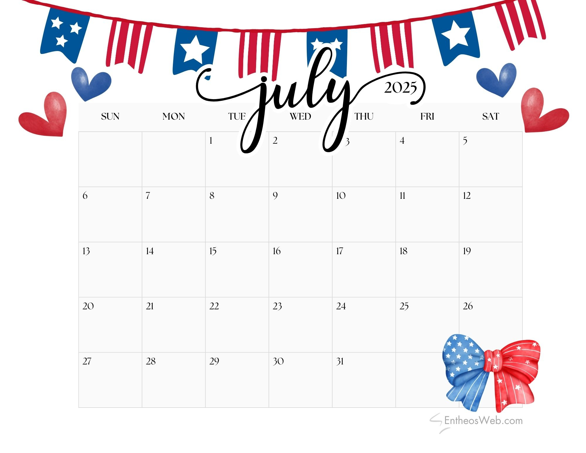 July 2025 Calendar Printables | Entheosweb pertaining to Cute Printable July 2025 Calendar