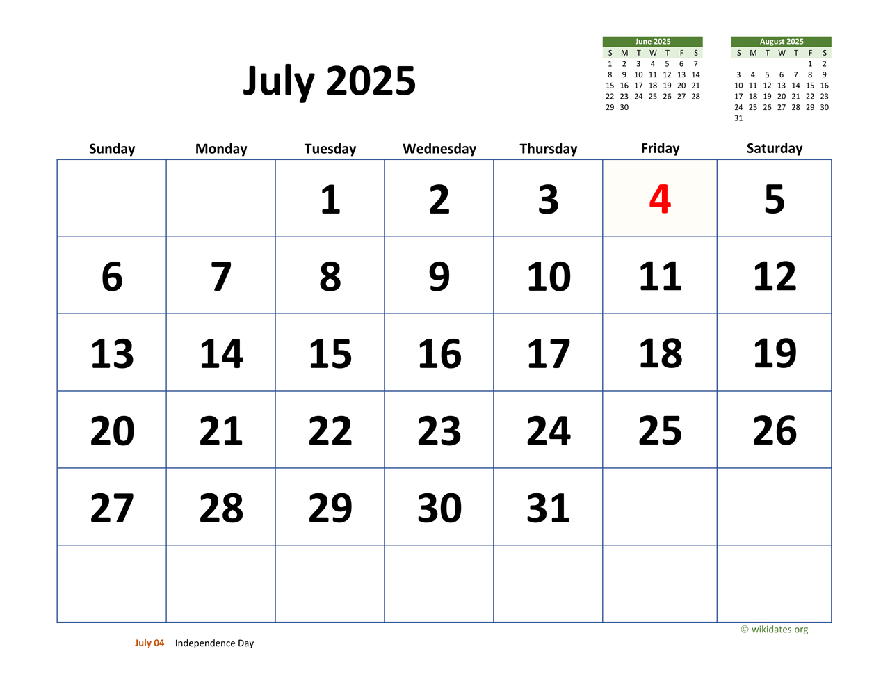July 2025 Calendar With Extra-Large Dates | Wikidates for Wiki Calendar July 2025