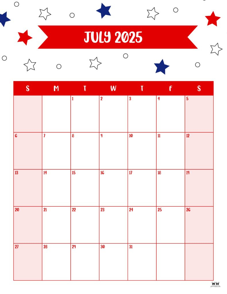 July 2025 Calendars - 107 Free Printables | Printabulls for Cute Printable July 2025 Calendar