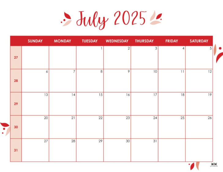 July 2025 Calendar with Holidays Printable