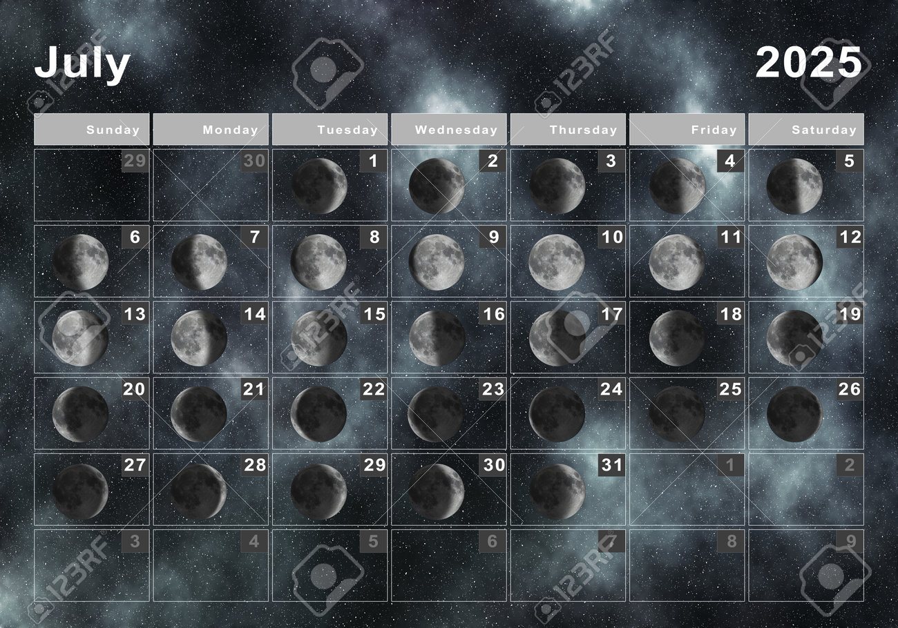 July 2025 Lunar Calendar, Moon Cycles, Moon Phases Stock Photo regarding Moon Phase Calendar July 2025