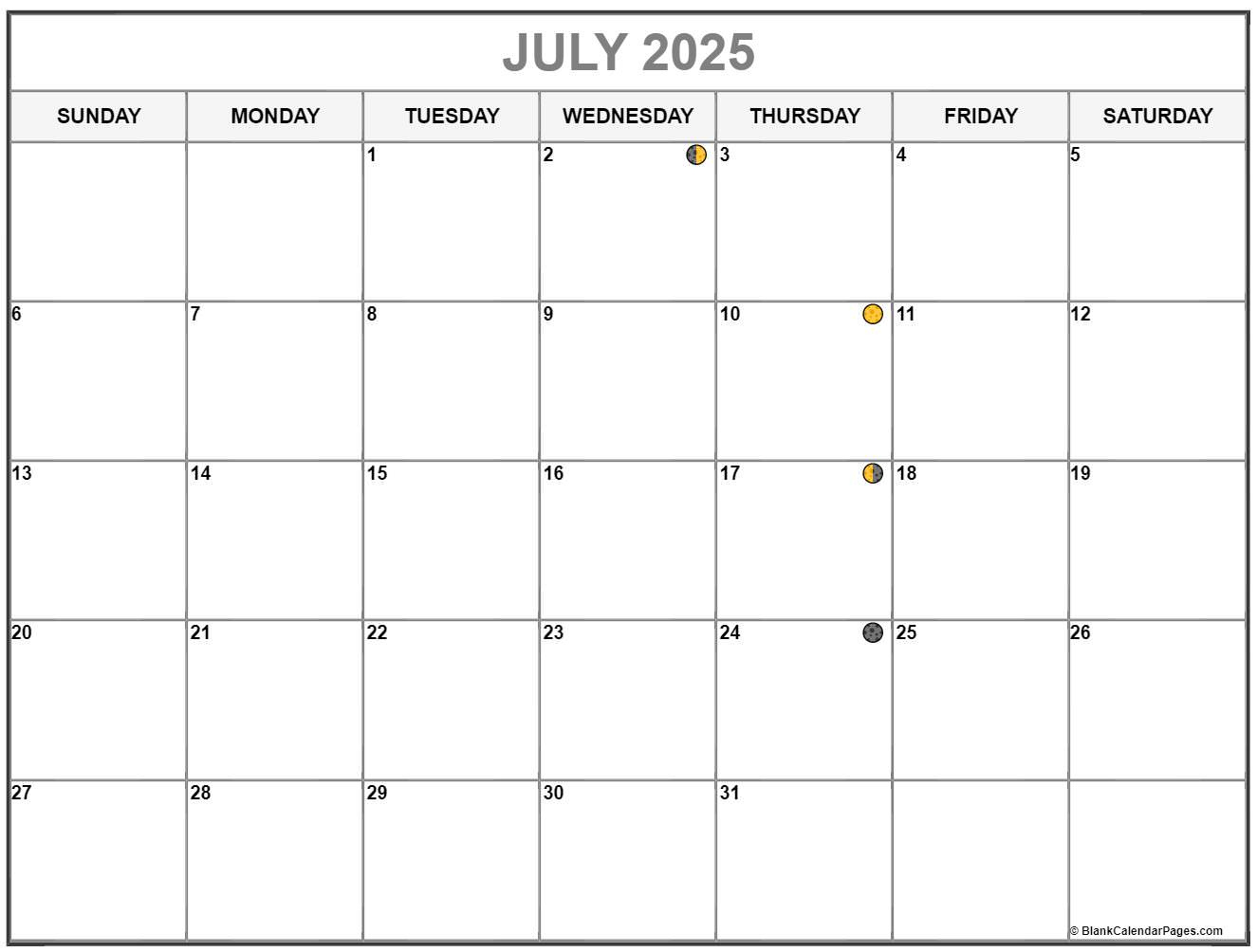 July 2025 Lunar Calendar | Moon Phase Calendar with Moon Phase Calendar July 2025