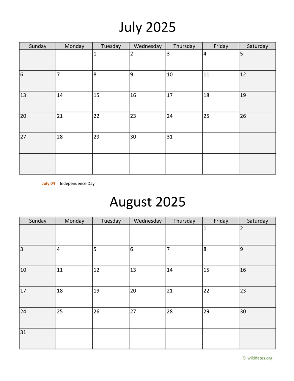 July And August 2025 Calendar | Wikidates inside August 2025 July 2025 Calendar Printable
