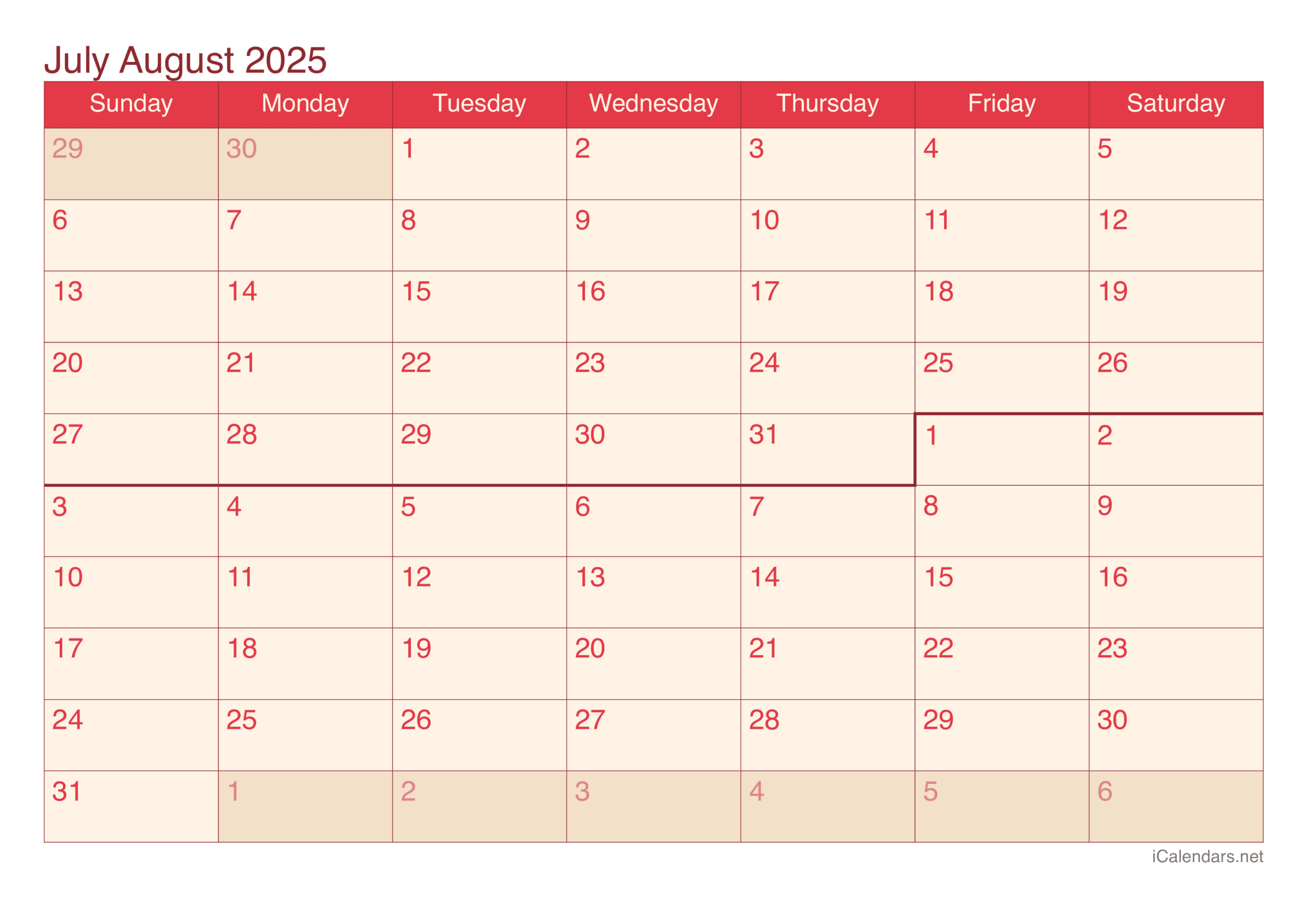 July And August 2025 Printable Calendar inside August 2025 July 2025 Calendar Printable