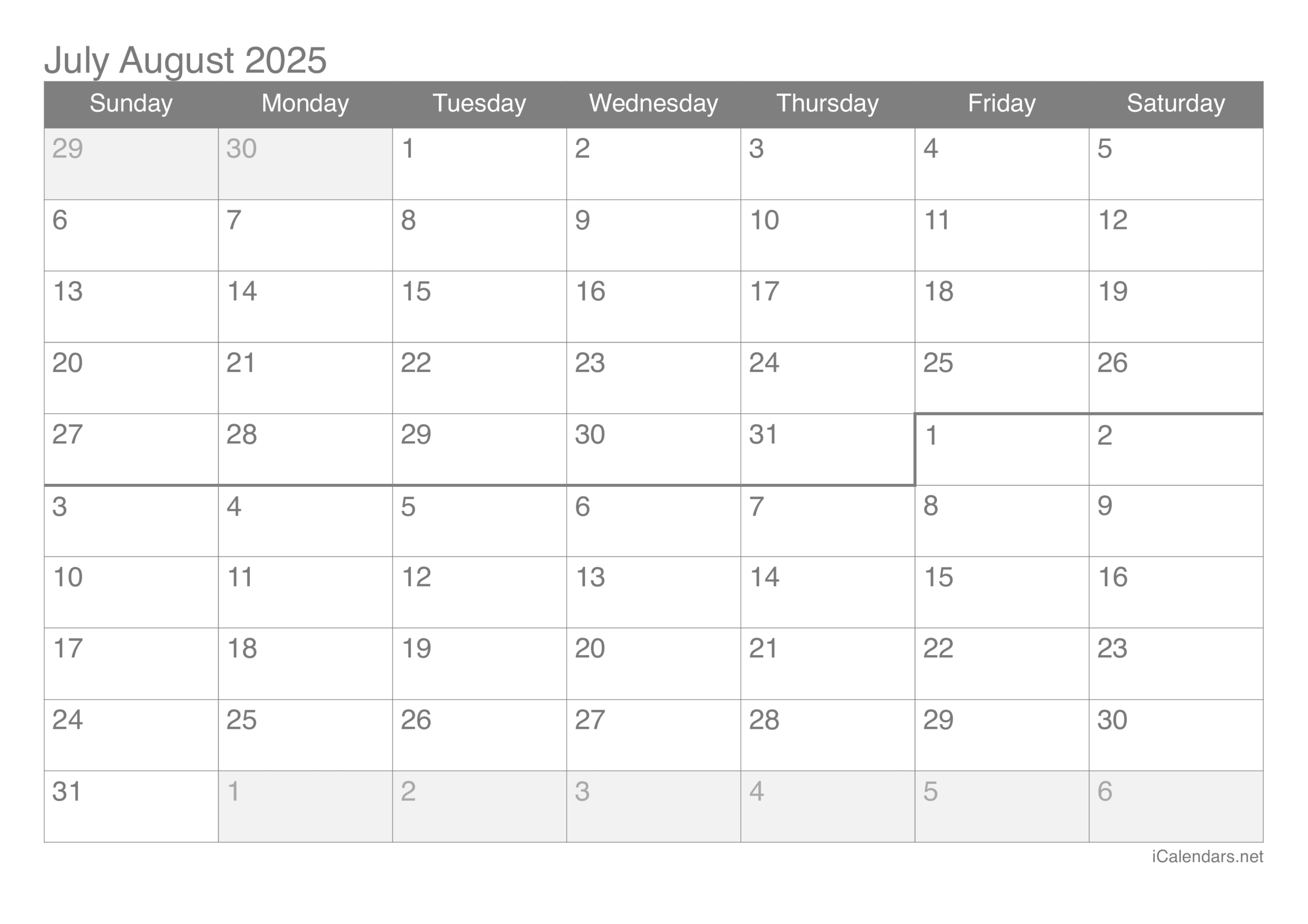 July And August 2025 Printable Calendar pertaining to August 2025 July 2025 Calendar Printable