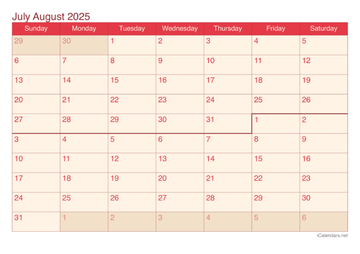 July July August 2025 Calendar Printable
