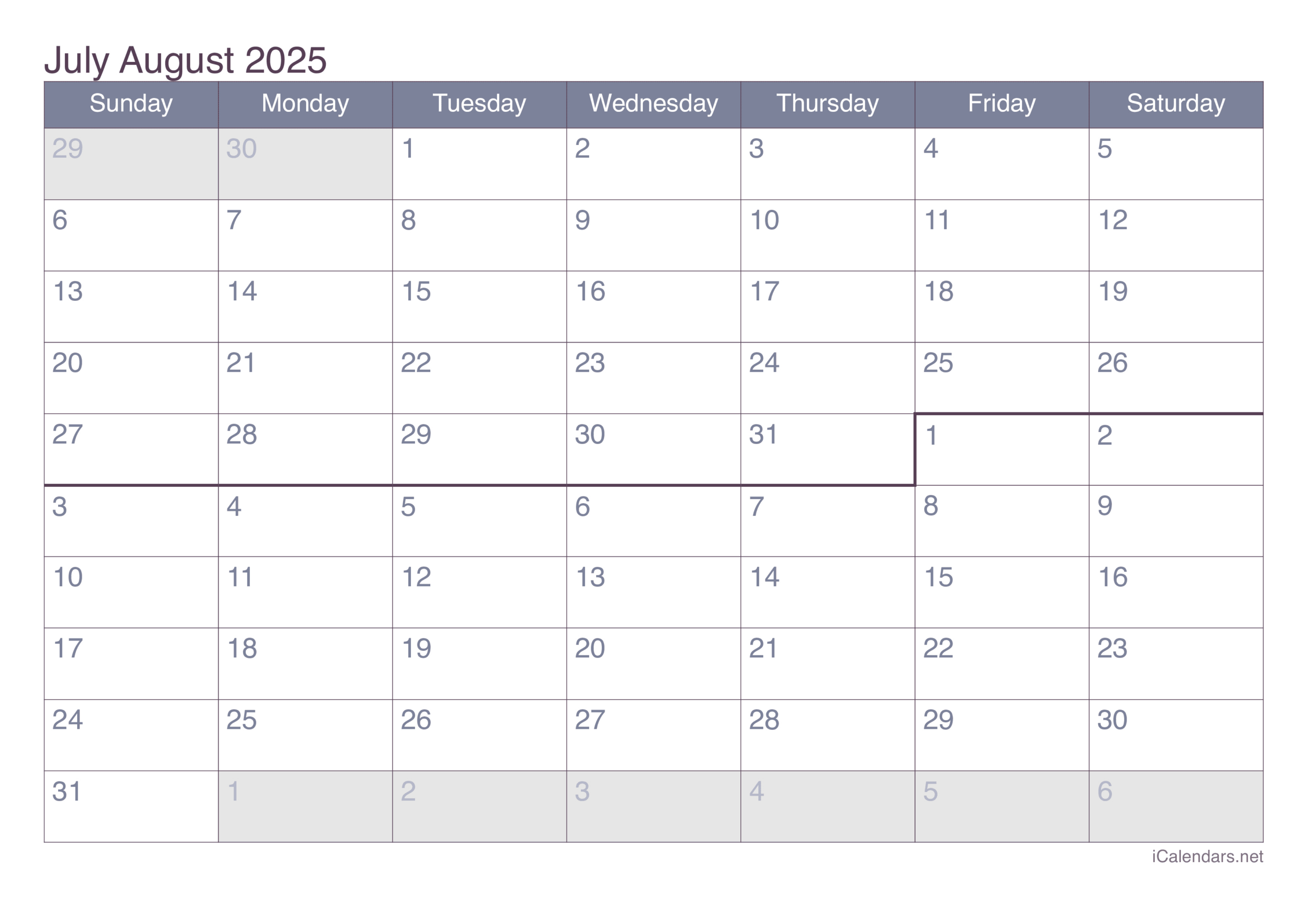 July And August 2025 Printable Calendar within July July August 2025 Calendar Printable