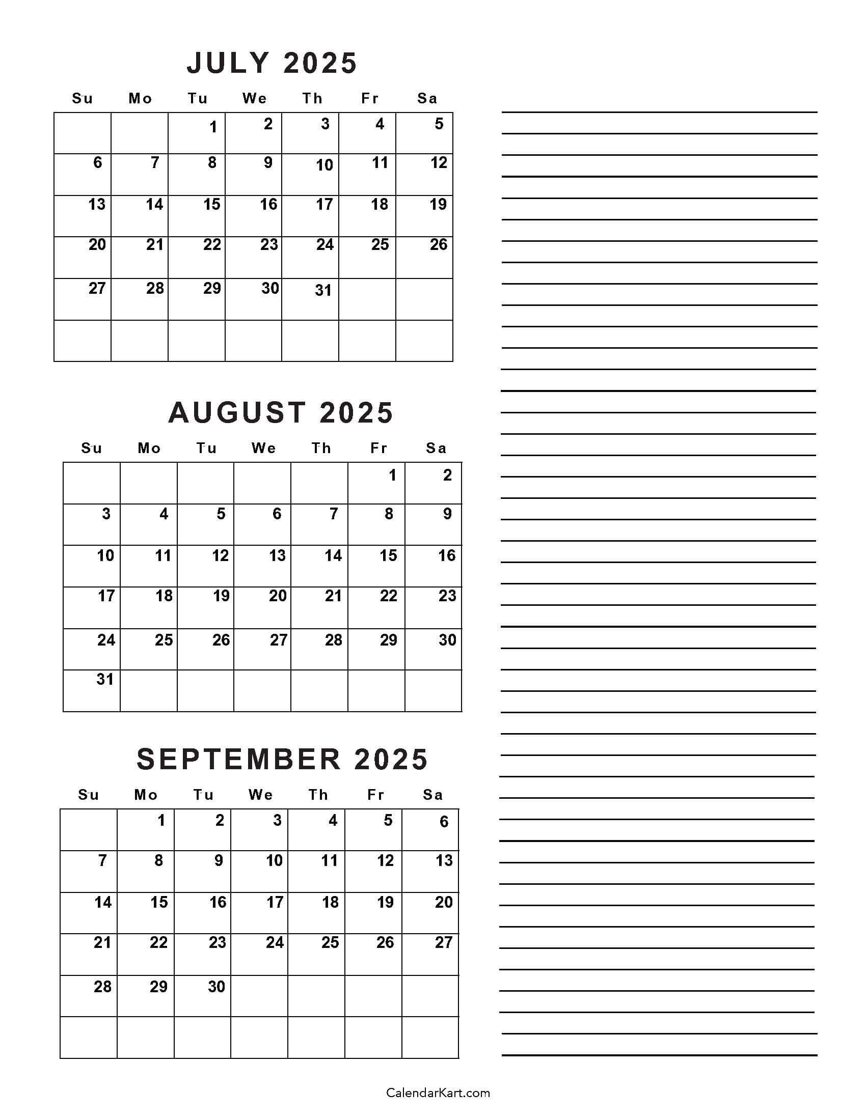 July To September 2025 Calendar (Q3) - Calendarkart inside Printable Calendar September 2025 July 2025