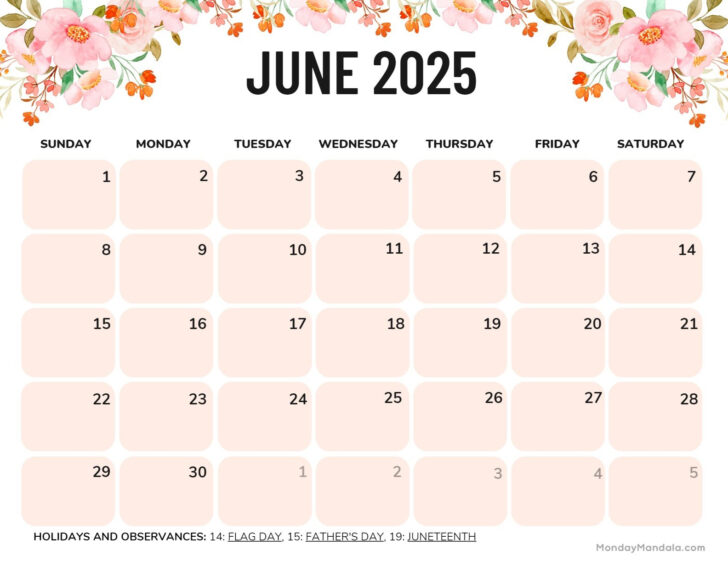 June Printable Calendar 2025 Monday Start