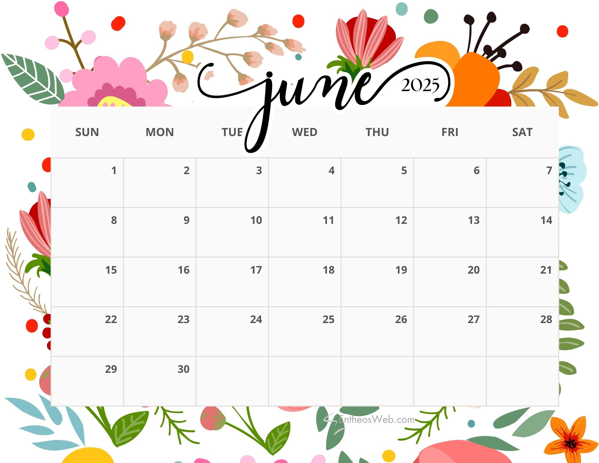June 2025 Calendar Printables | Entheosweb within June Printable Calendar 2025 Free