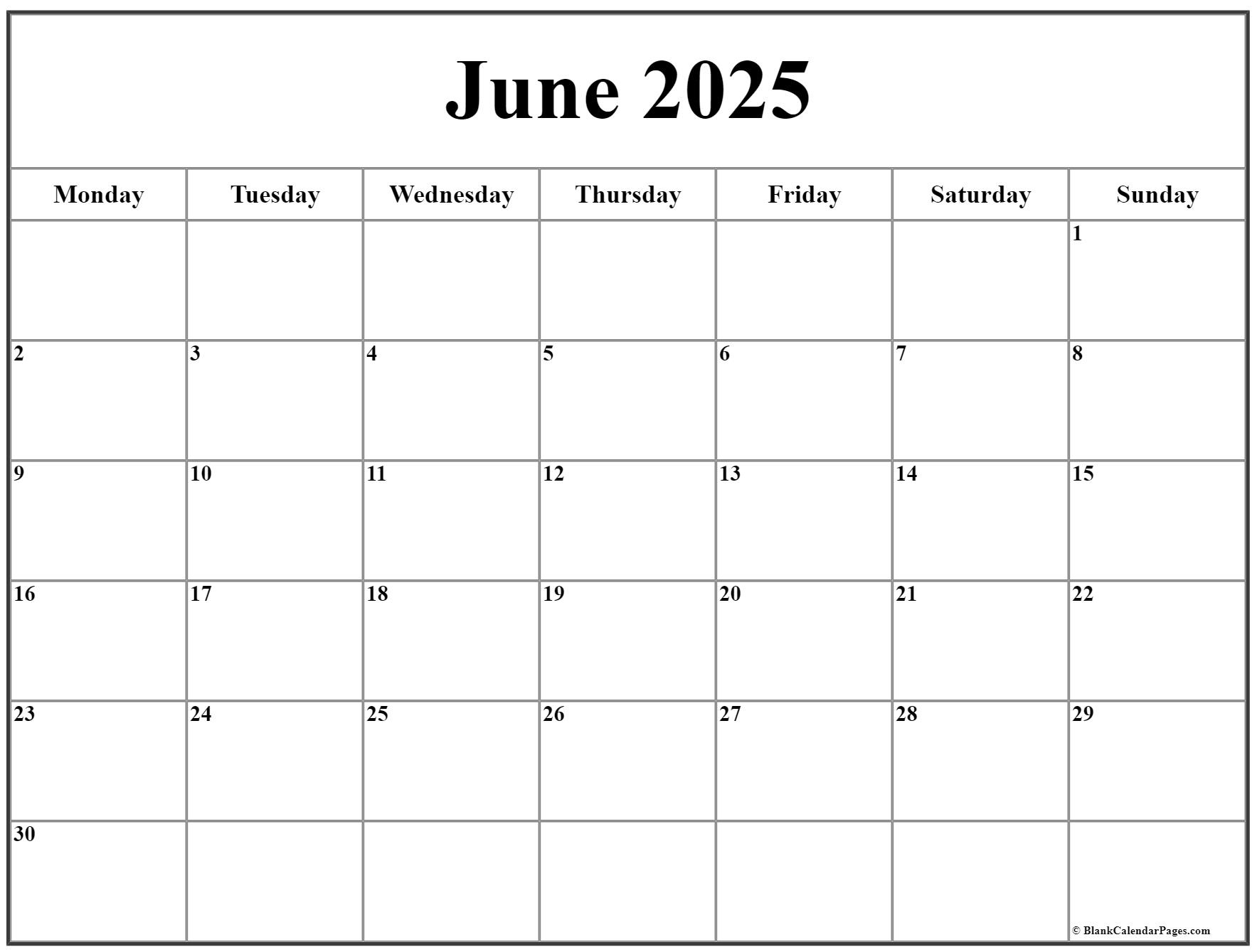 June 2025 Monday Calendar | Monday To Sunday in June Printable Calendar 2025 Monday Start