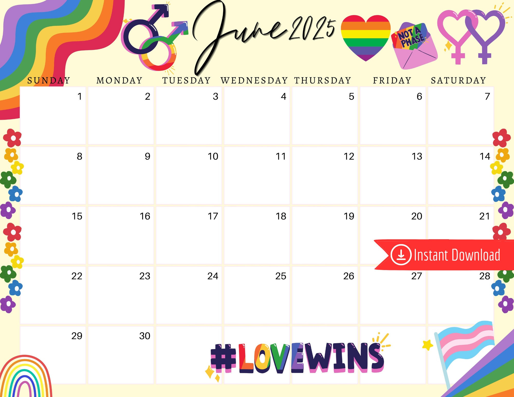 Juni 2025 Digitaler Kalender - Queer Pride Planer Bearbeitbarer in July Pride Month Calendar 2025