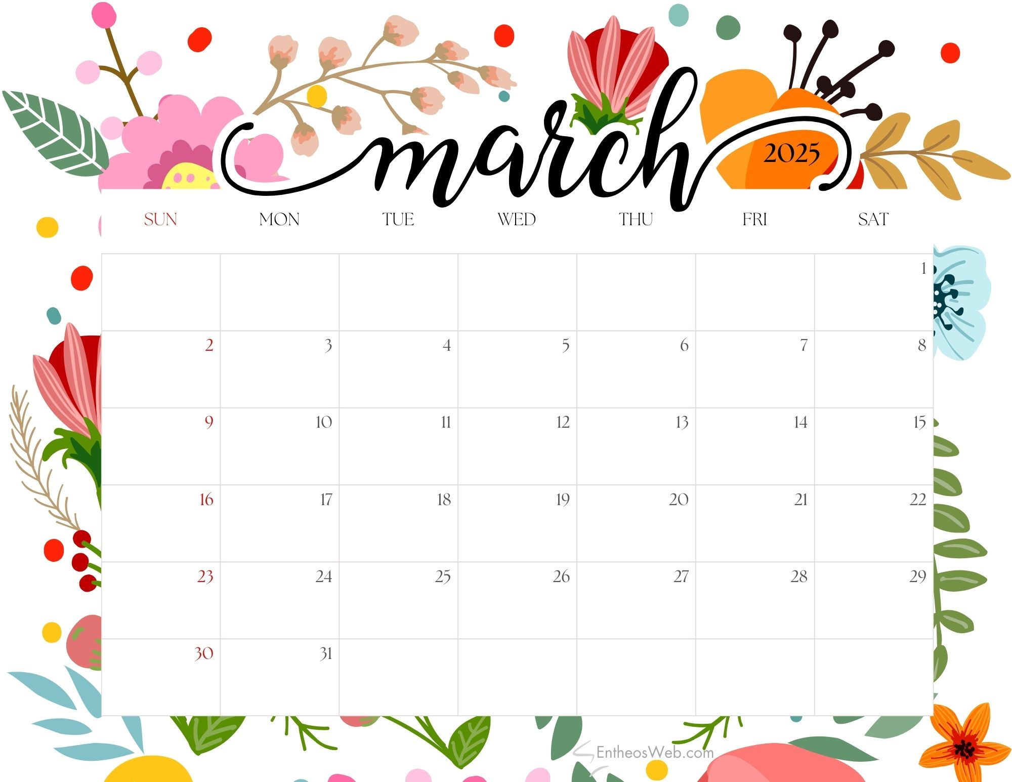 March 2025 Calendar Free Pdf Printables | Entheosweb within Printable Calendar 2025 Free March