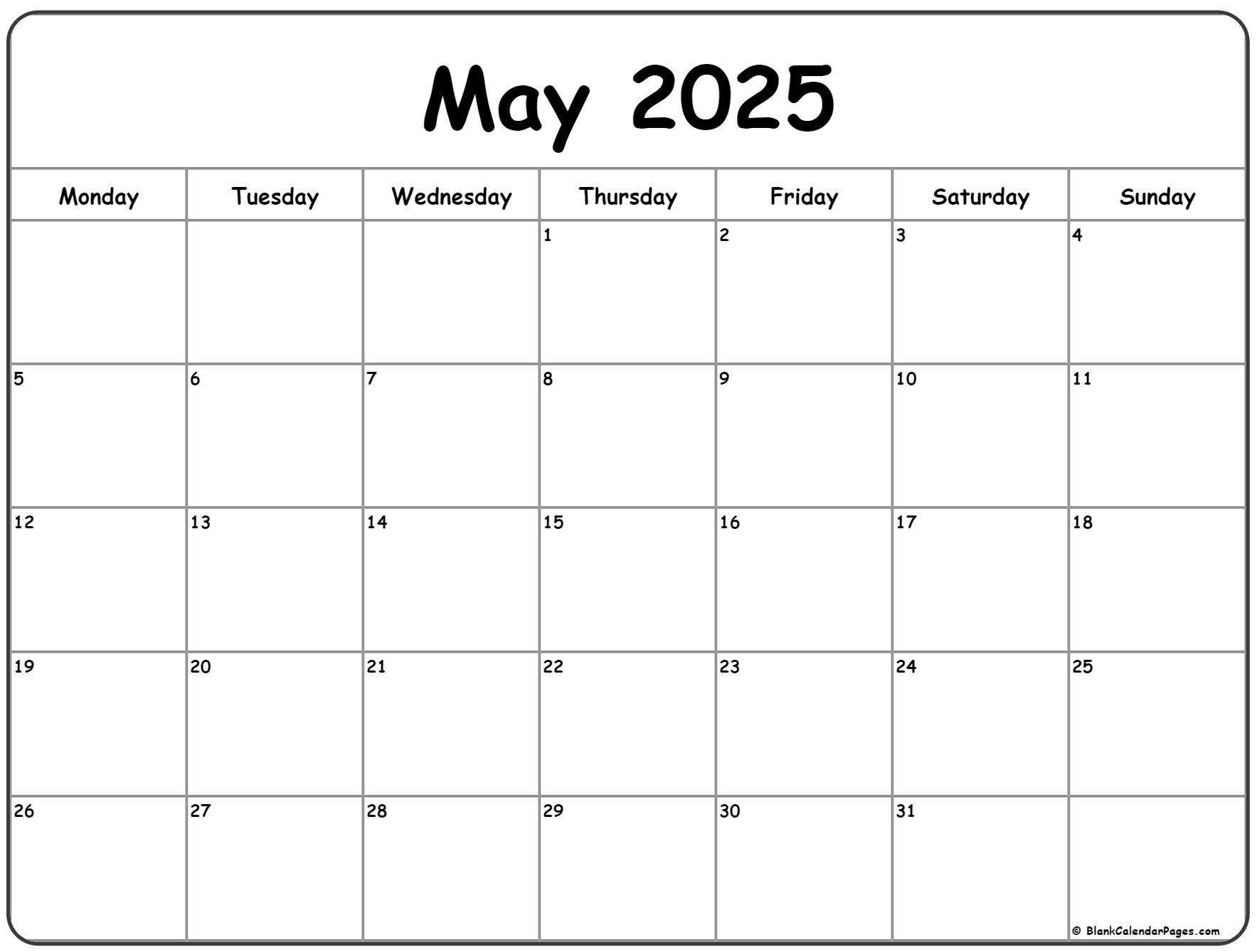 May 2025 Monday Calendar | Monday To Sunday with Printable 2025 Calendar Monday Start