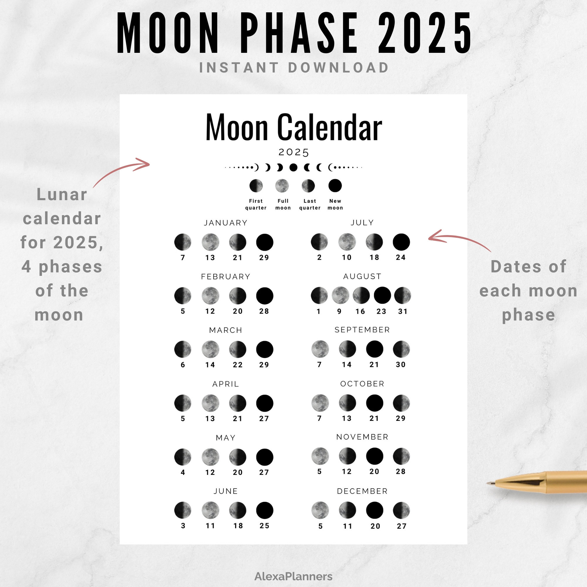 Moon Phase Calendar 2025, A4 / Letter Size Lunar Calendar - Etsy inside Printable Lunar Calendar 2025