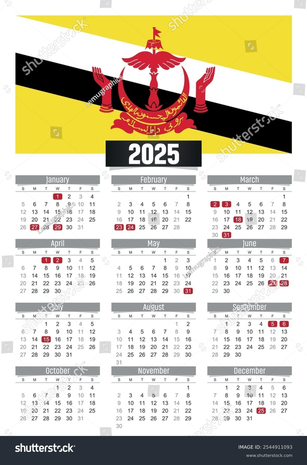 Neujahrskalender 2025 Mit Brunei-Flagge Und Feiertage: Stock intended for Printable Calendar 2025 Brunei
