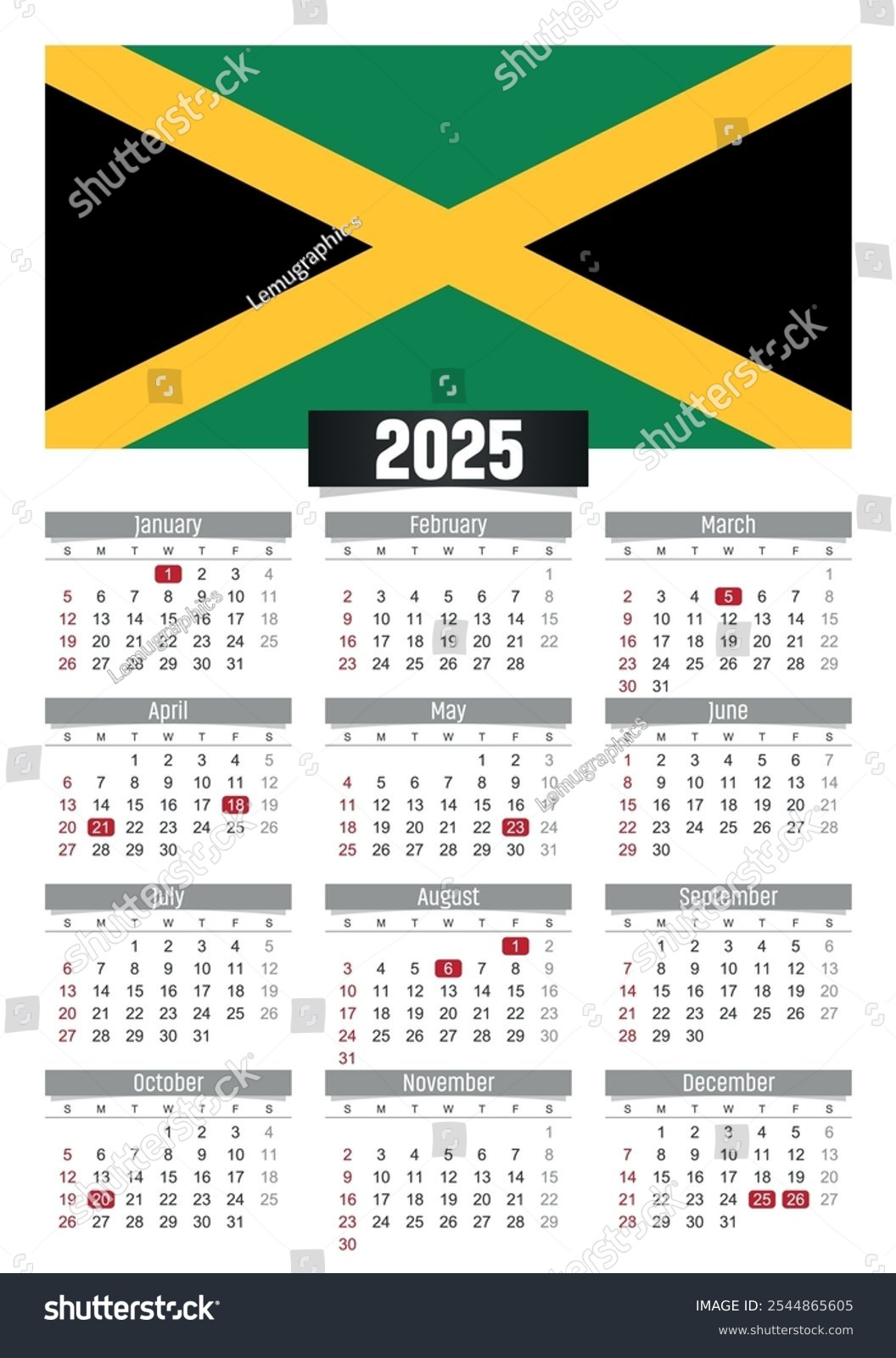 New Year 2025 Calendar Jamaica Flag Stock Vector (Royalty Free intended for Printable Calendar 2025 Jamaica