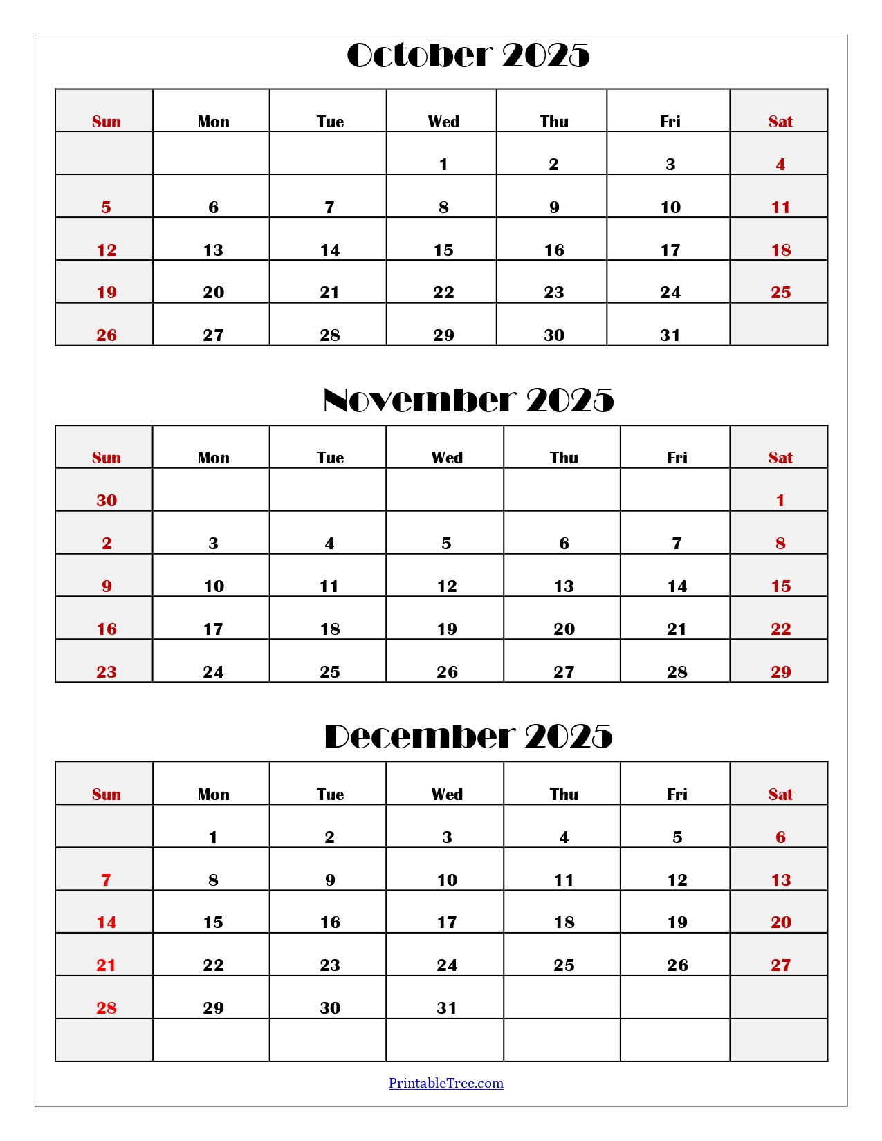 October To December 2025 Calendar Printable Pdf | Three Months within October November December 2025 Calendar Printable
