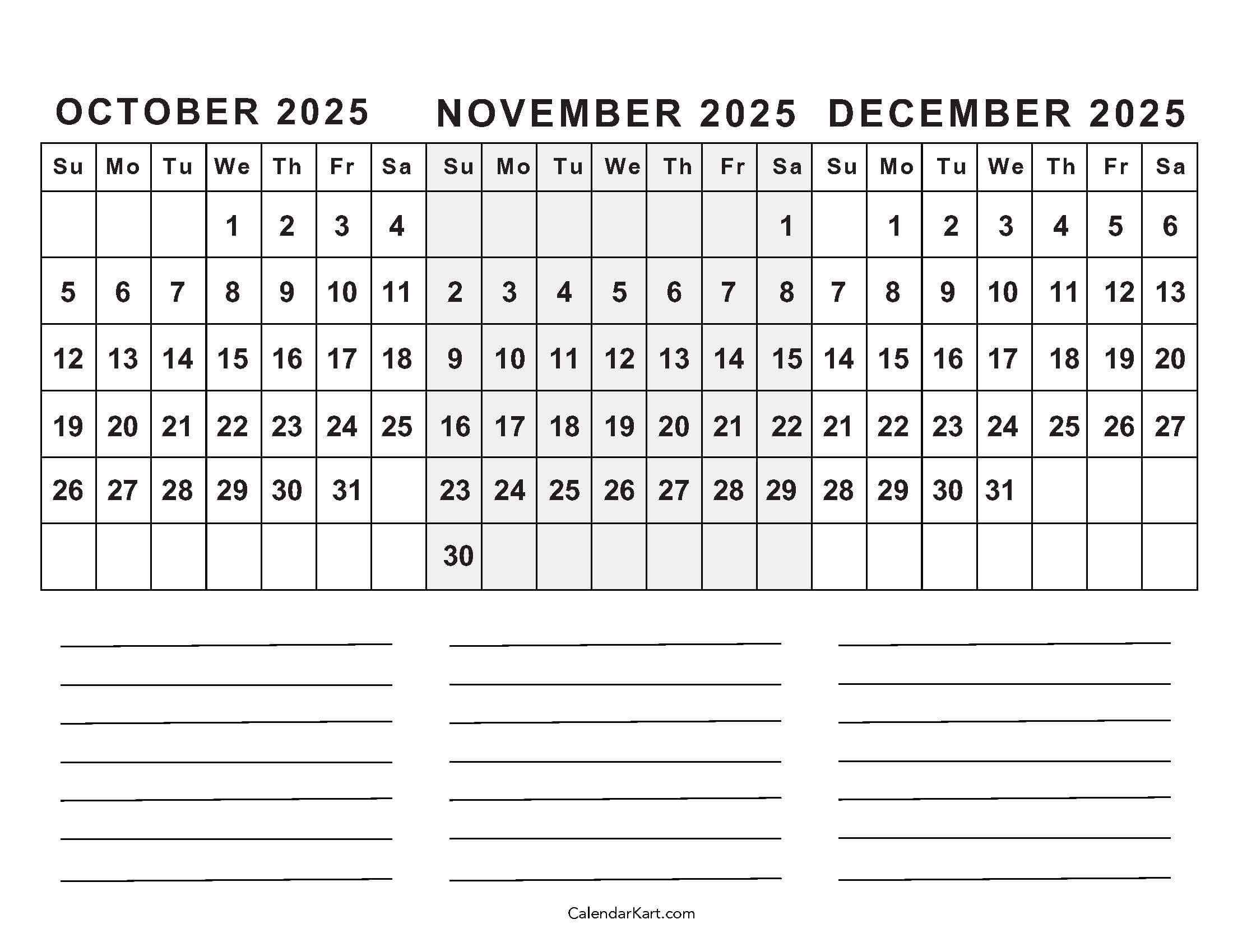 October To December 2025 Calendar (Q4) - Calendarkart within October November December 2025 Calendar Printable