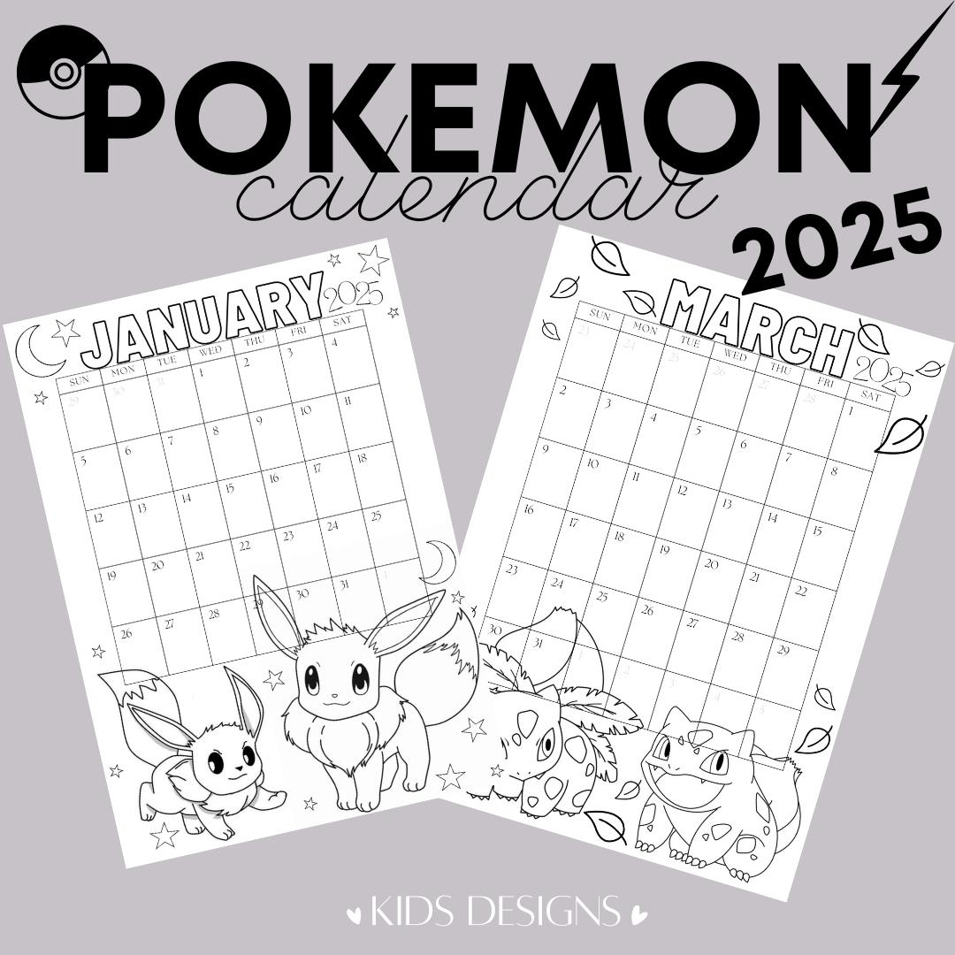 Pokemon Calendar 2025, Coloring Pages Calendar, Kids Calendar Printable, Pikachu, Home-School Calendars, Kids Monthly Calendar, A3 And A4 within Pokemon Calendar 2025 Printable