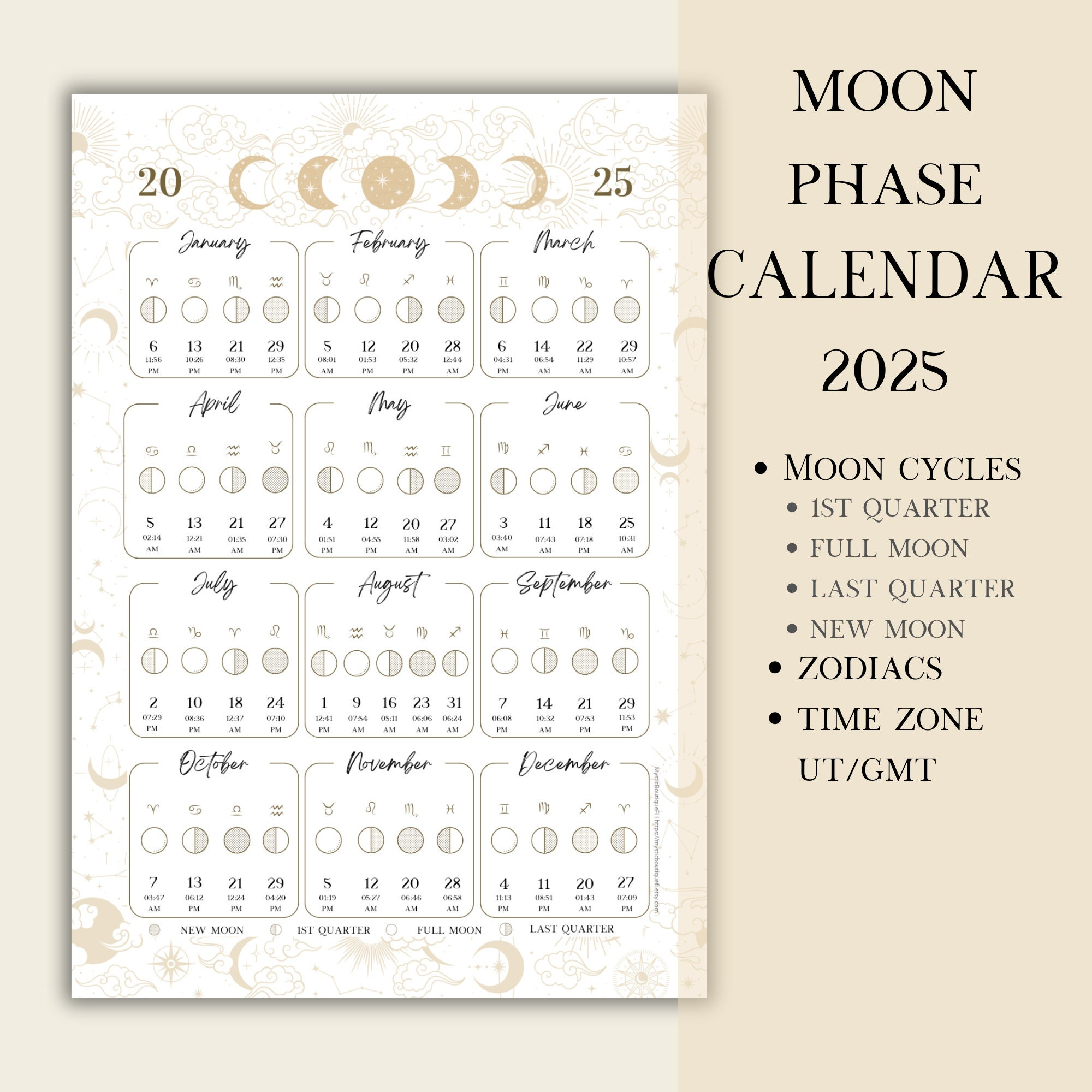 Printable Pdf Lunar Calendar, Moon Phase Calendar 2025 - Etsy Canada with Printable Lunar Calendar 2025
