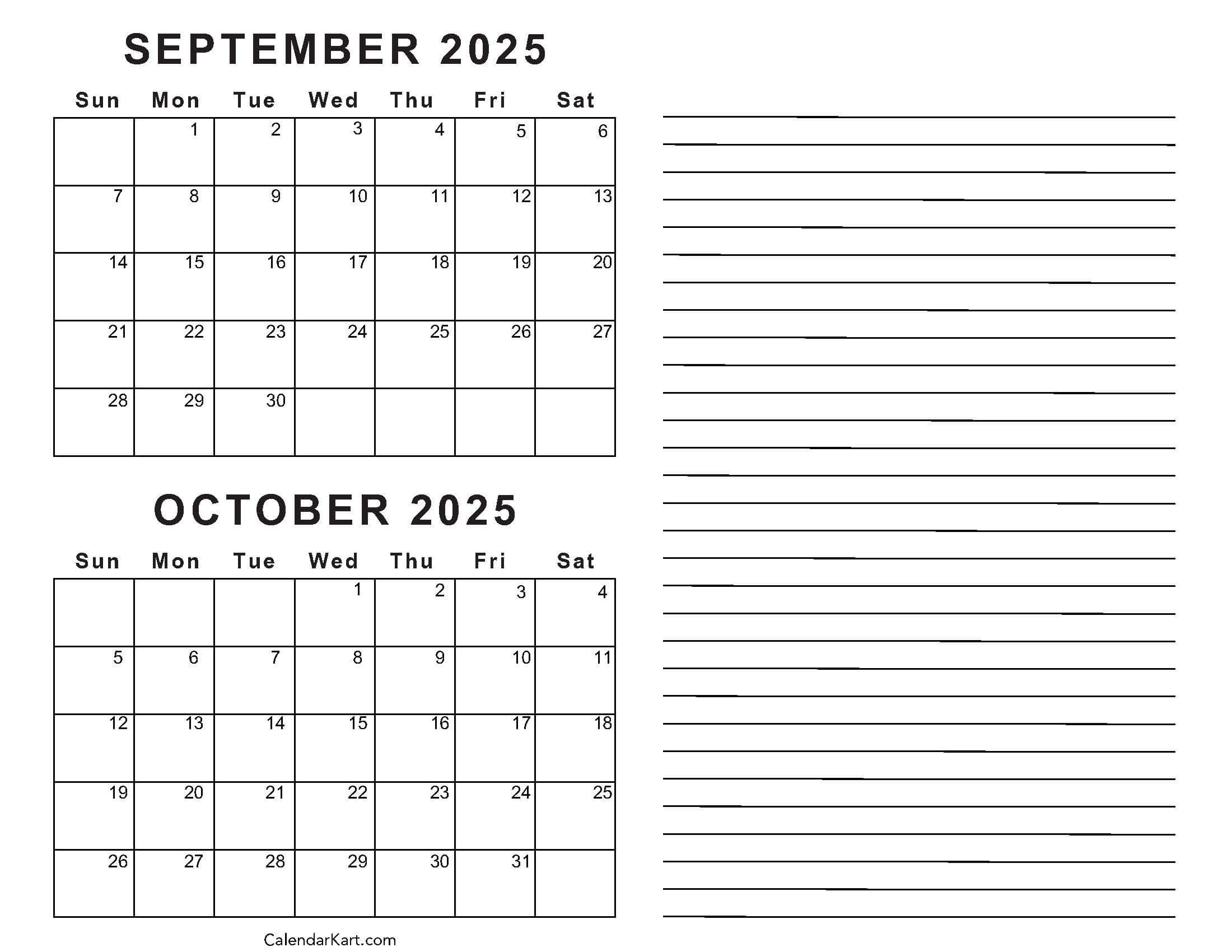 Printable September October 2025 Calendar | Calendarkart in August September October 2025 Calendar Printable
