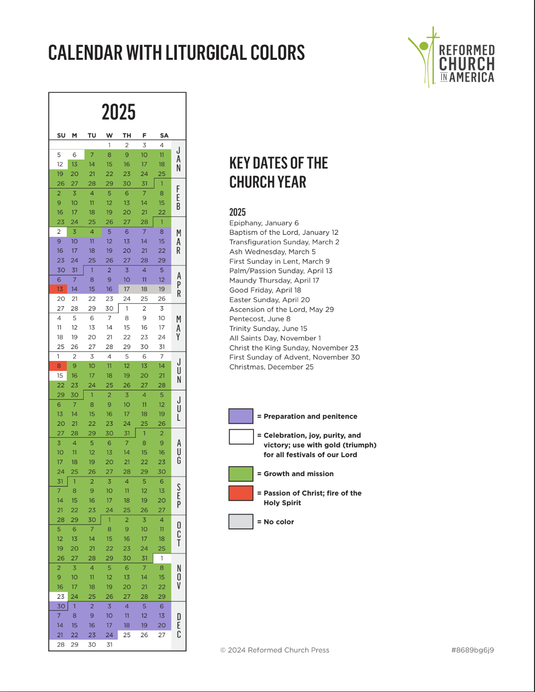 Rca Liturgical Calendar | Reformed Church In America within Liturgical Color Calendar 2025 Printable