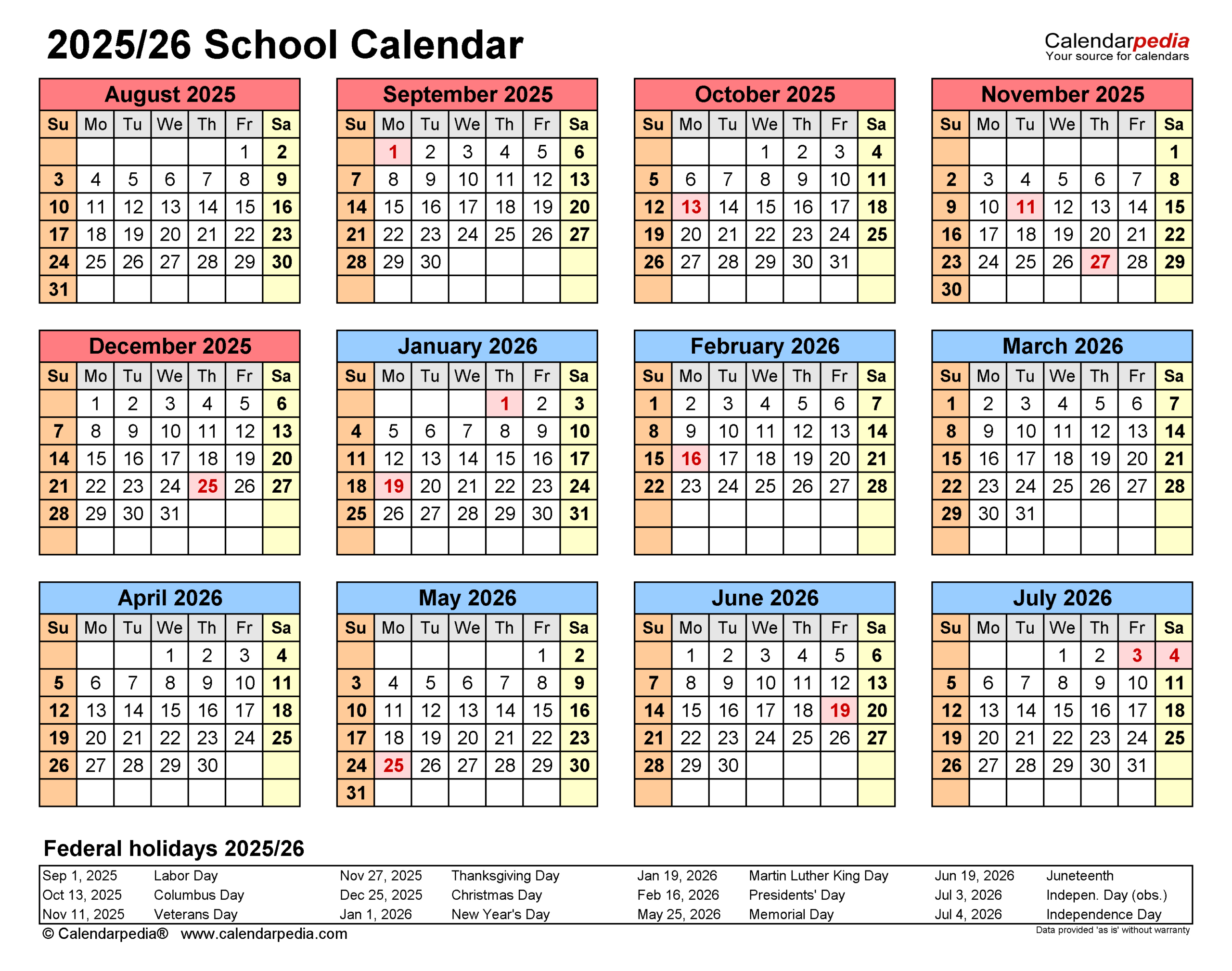 School Calendars 2025/2026 - Free Printable Pdf Templates for 2025 2026 School Calendar Printable