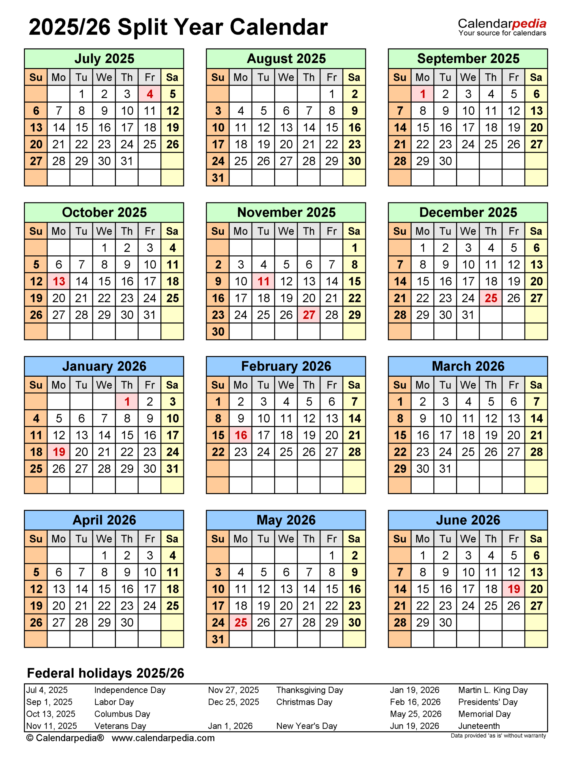Split Year Calendars 2025/2026 (July To June) - Pdf Templates for July 2025 and July 2026 Calendar Printable