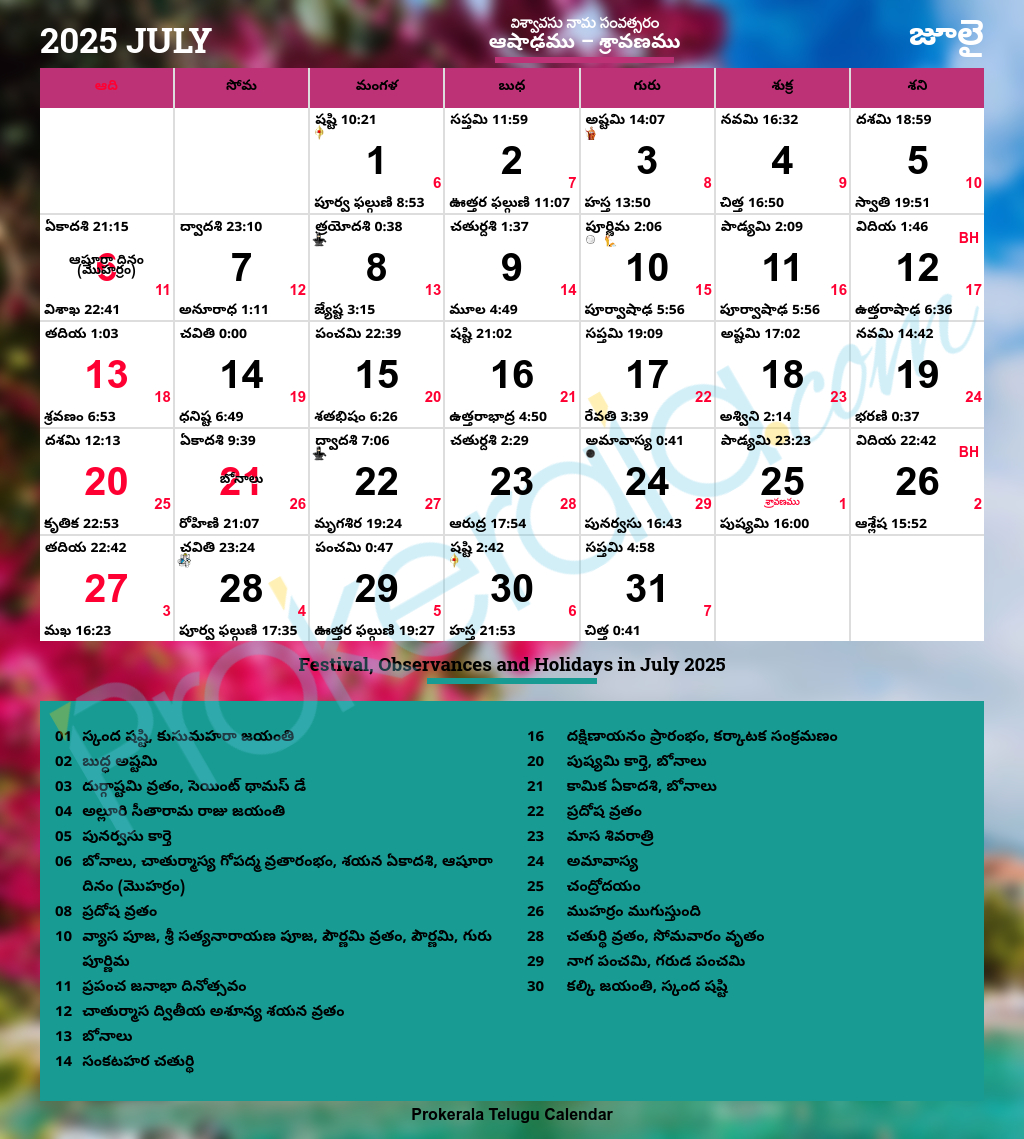 Telugu Calendar 2025, July with Chicago Telugu Calendar July 2025