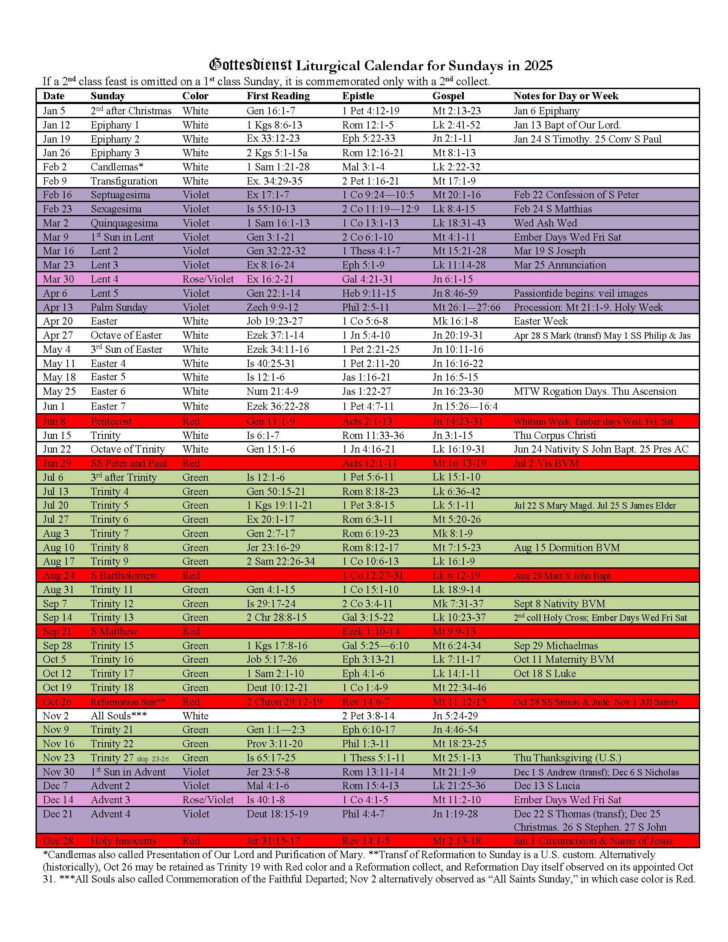 Liturgical Color Calendar 2025 Printable