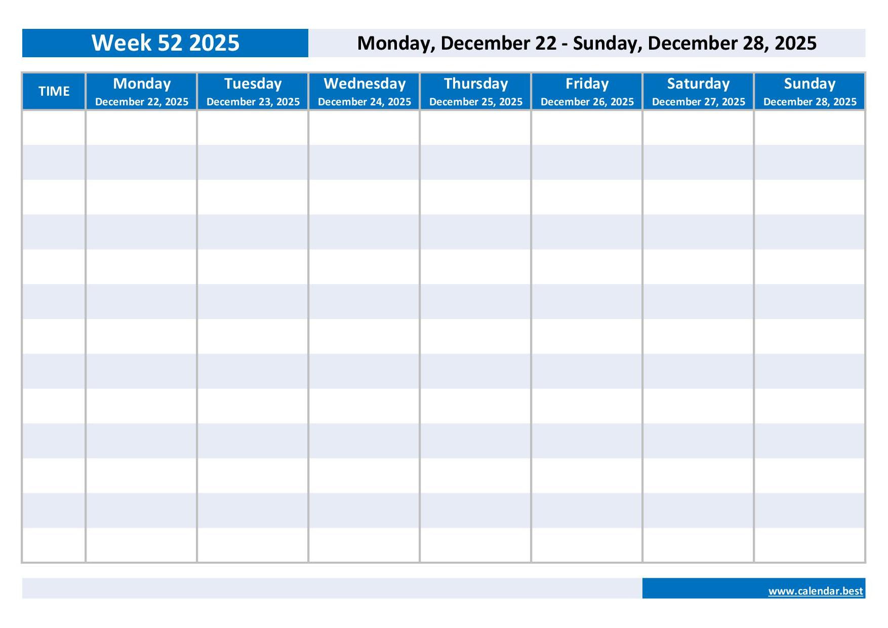 Week 52 2025: Dates, Calendar And Weekly Schedule To Print with regard to 52 Week Calendar 2025 Printable Free